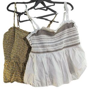 Bundle of x2 White 100% Cotton & Yellow Floral Strappy Smocked Top Women's Sz L